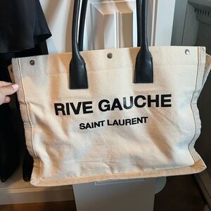Saint Laurent Beige Canvas Tote with Black Accents